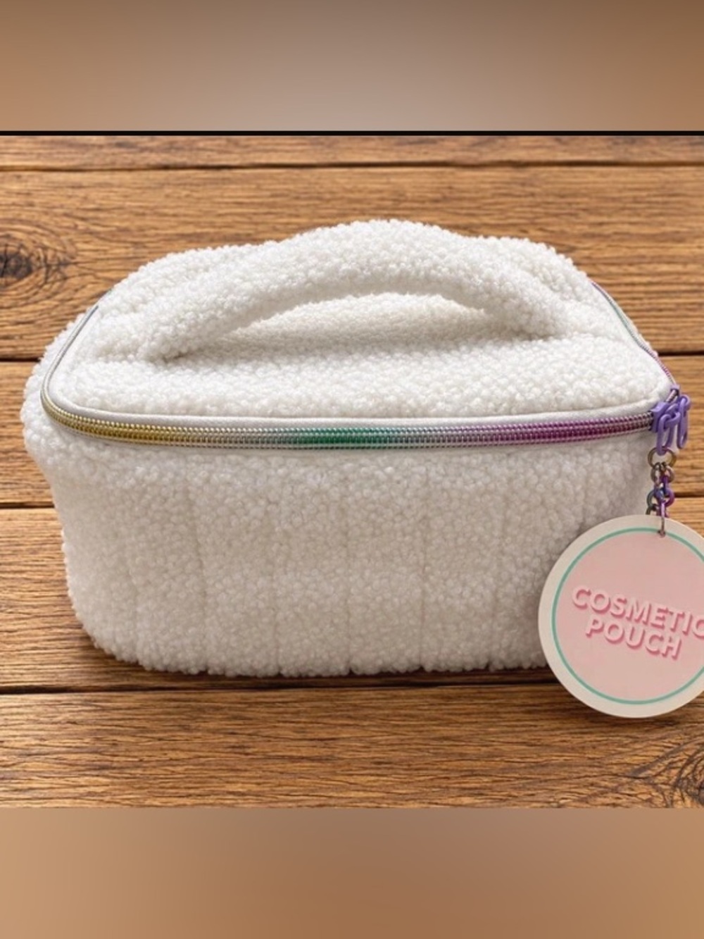 Target White Sherpa Cosmetic Pouch with Rainbow Zipper Accent